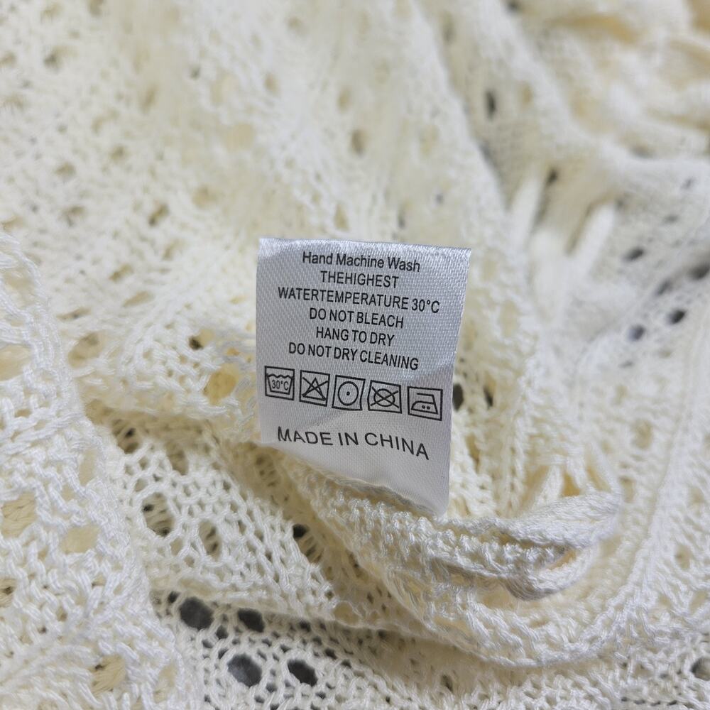 Crochet Cover Up Dress Women Medium Bell Sleeve Cinch Sides Open Knit Beige Swim - Picture 7 of 14